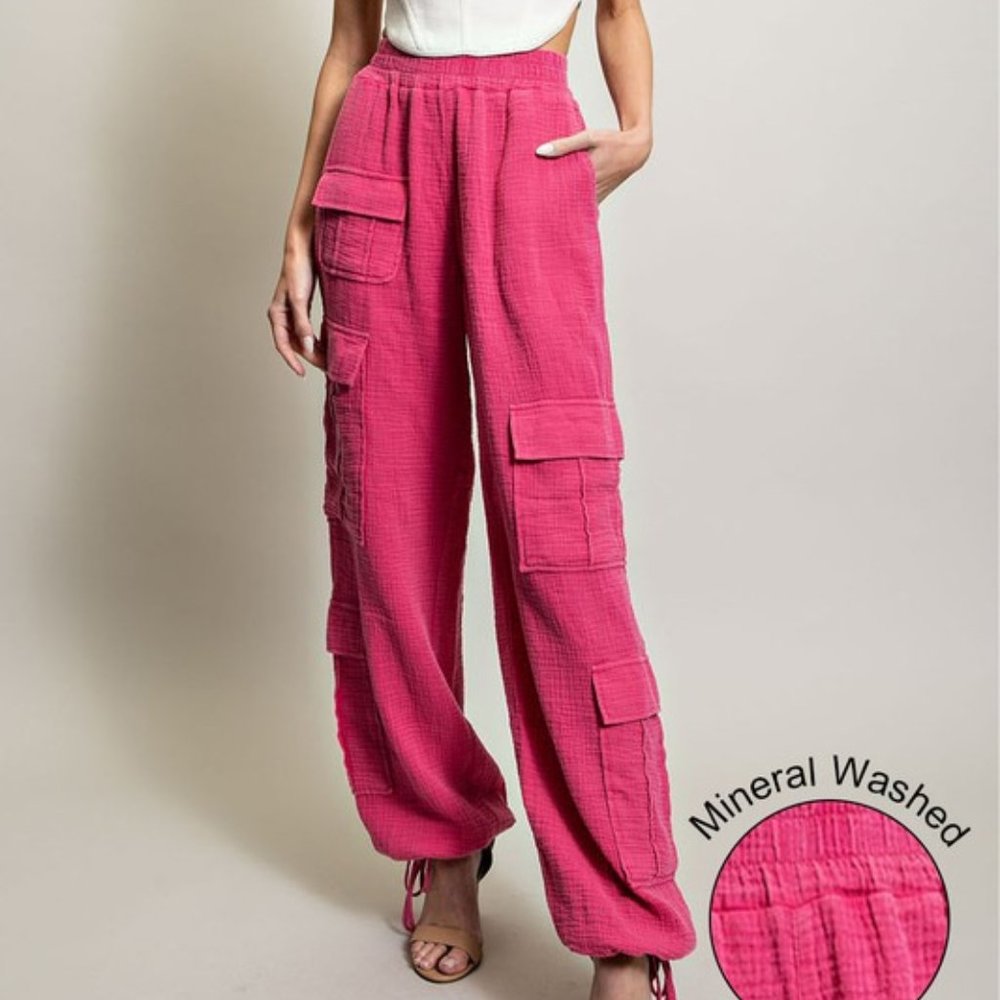Hot Pink Mineral Washed Cotton Elastic Waist Cargo Pants - Picture 5 of 6
